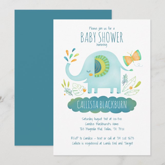 Elephant Blue Boy Cute Jungle Baby Shower Invitation (Front/Back)