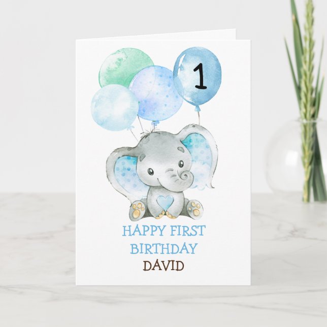 Elephant Blue Boy Fist Birthday Cute 1st Birthday Card (Front)