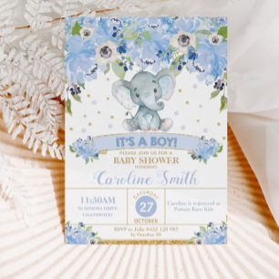 Elephant Blue Floral Baby Shower Baby Boy Invitation