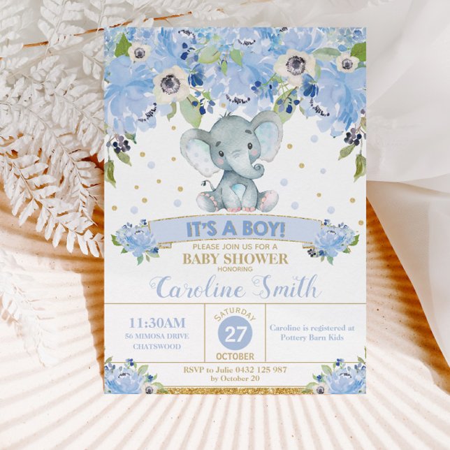 Elephant Blue Floral Baby Shower Baby Boy Invitation (Creator Uploaded)