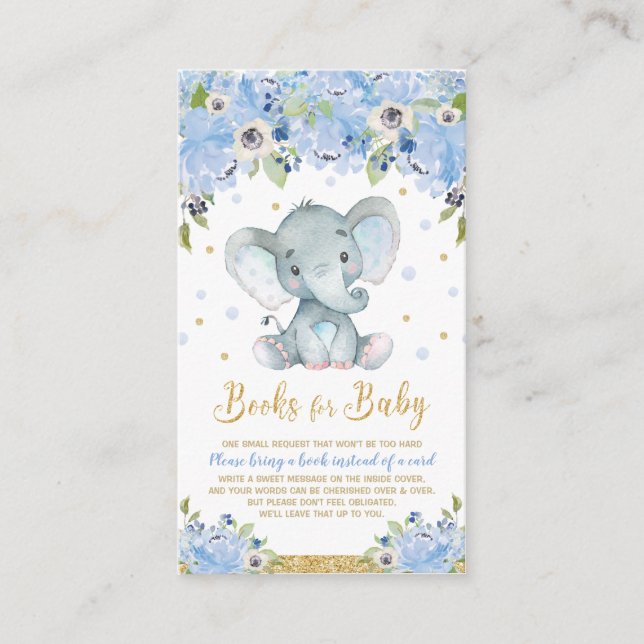 Elephant Blue Floral Baby Shower Bring a Book Enclosure Card (Front)