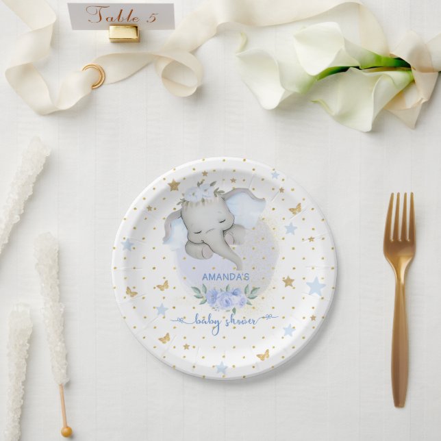 Elephant Blue Floral Boho Baby Boy Shower Paper Plate (Wedding)