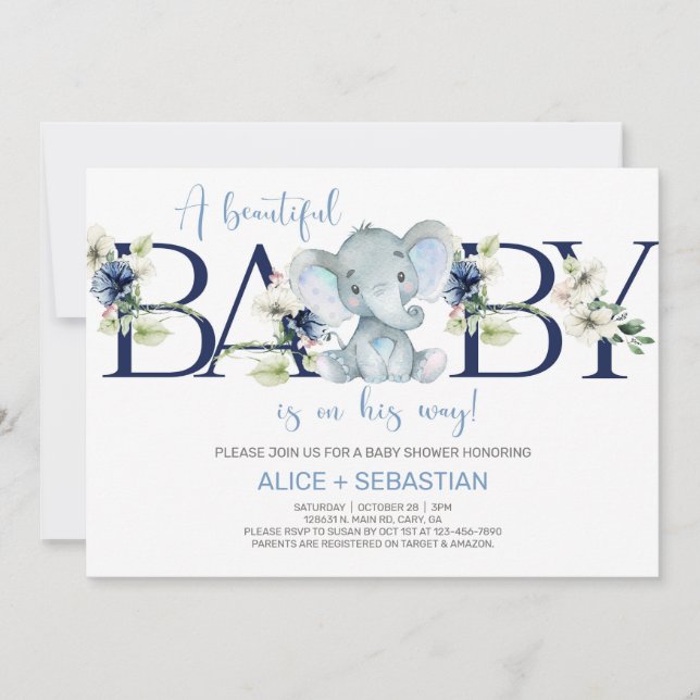 Elephant blue floral boy baby shower invitation. invitation (Front)