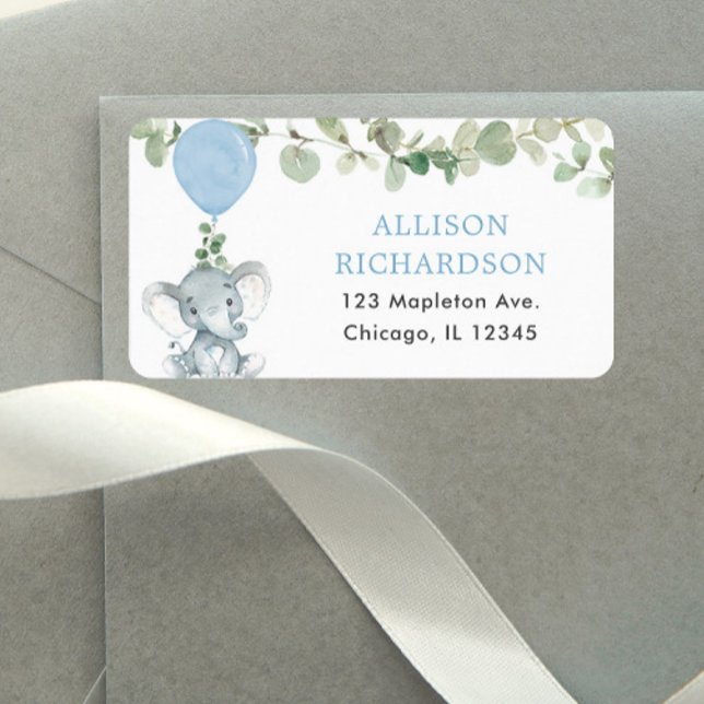 Elephant blue greenery balloons address label (Creator Uploaded)