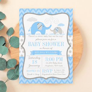 Elephant Blue Grey Baby Shower Invitations