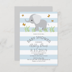 Elephant Blue Grey Boy Baby Shower Invite