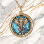 Elephant Blue Mosaic Stained Glass Gold Plated Necklace<br><div class="desc">On this unique necklace is an image of a grey brown elephant walking towards the viewer with a blue mosaic stained glass style background. An ornate design border adds elegance to the perimeter. Be sure to see the matching earrings and key chain in our store.</div>