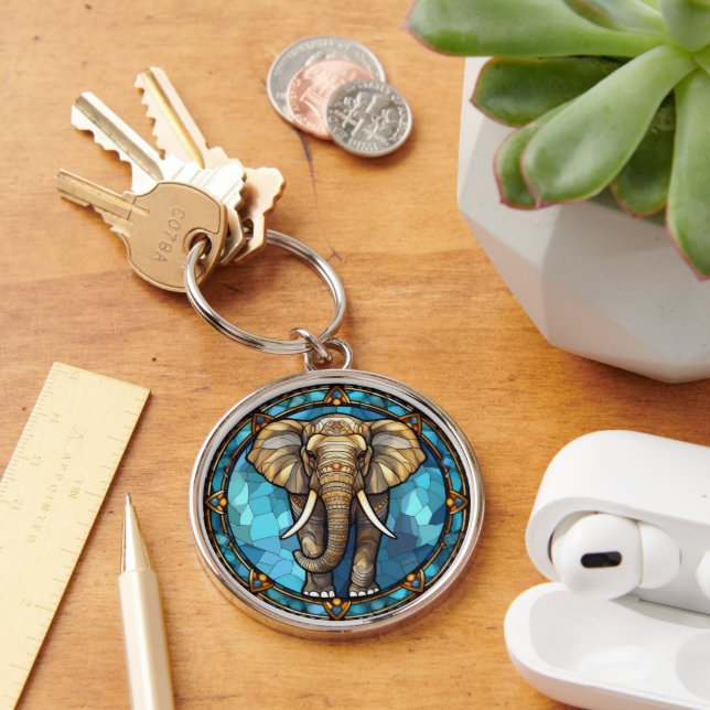 Elephant Blue Mosaic Stained Glass Key Ring (Desk)