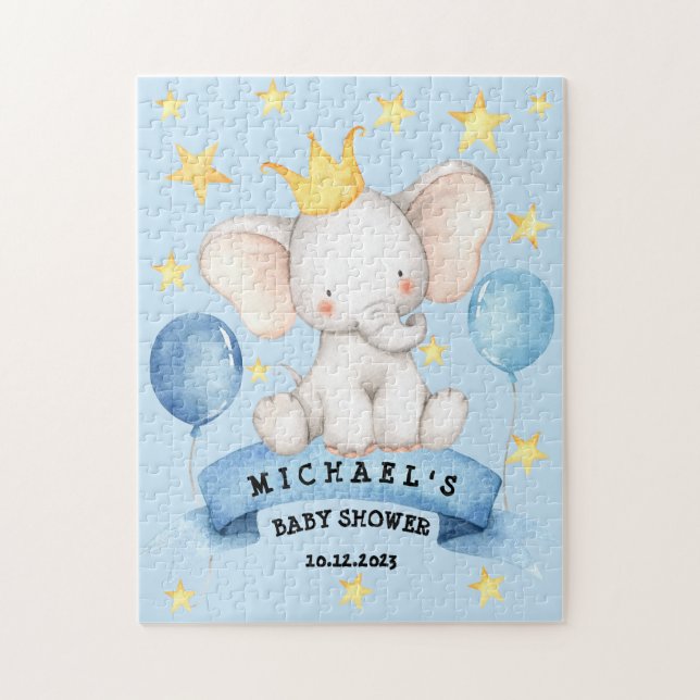 Elephant Blue Stars Ribbon Game Baby Shower Jigsaw Puzzle (Vertical)