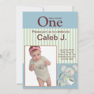 Elephant Blue Stripe Baby Birthday Photo Invitation