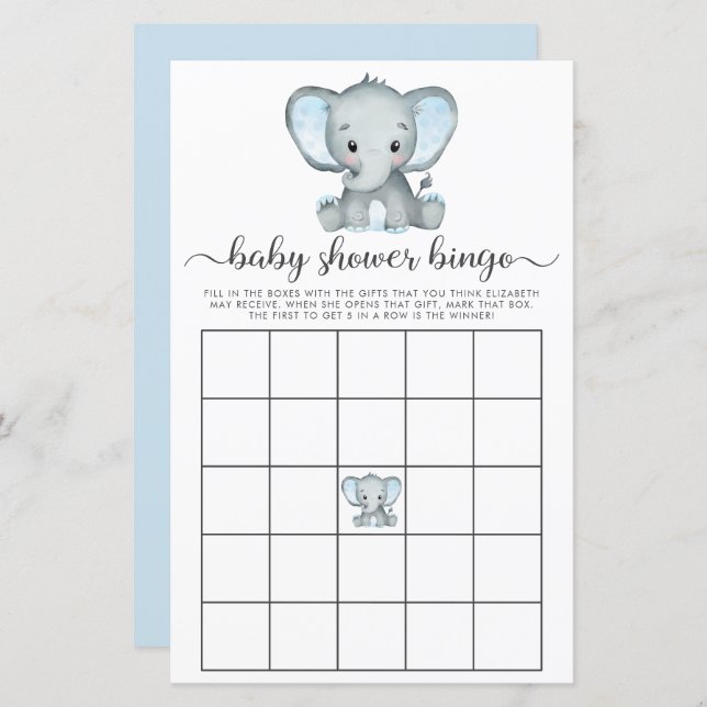 Elephant Blue Watercolor Baby Bingo Shower Game (Front/Back)