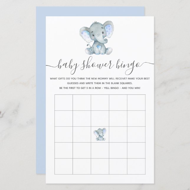 Elephant Blue Watercolor Baby Bingo Shower Game (Front/Back)
