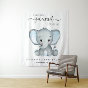 Elephant Blue Watercolor Baby Boy Shower Backdrop Tapestry
