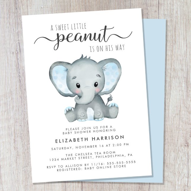 Elephant Blue Watercolor Baby Boy Shower Invitation (Cute sweet little peanut baby boy shower invitation)