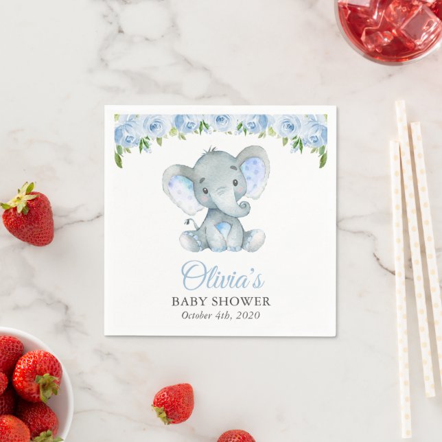 Elephant, Blue Watercolor Flowers, Baby Shower Napkin (Insitu)