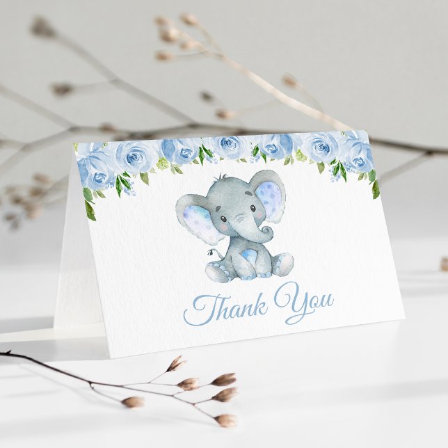 Elephant, Blue Watercolor Flowers, Baby Shower Thank You Card (Creator Uploaded)