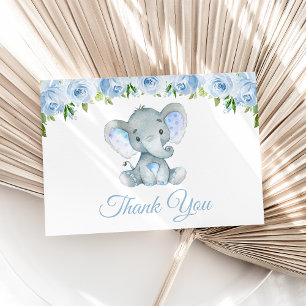 Elephant, Blue Watercolor Flowers, Baby Shower Thank You Card