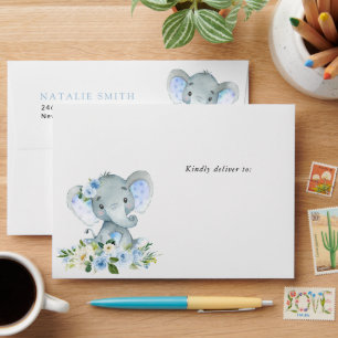 Elephant, Blue Watercolor Flowers, First Birthday Envelope