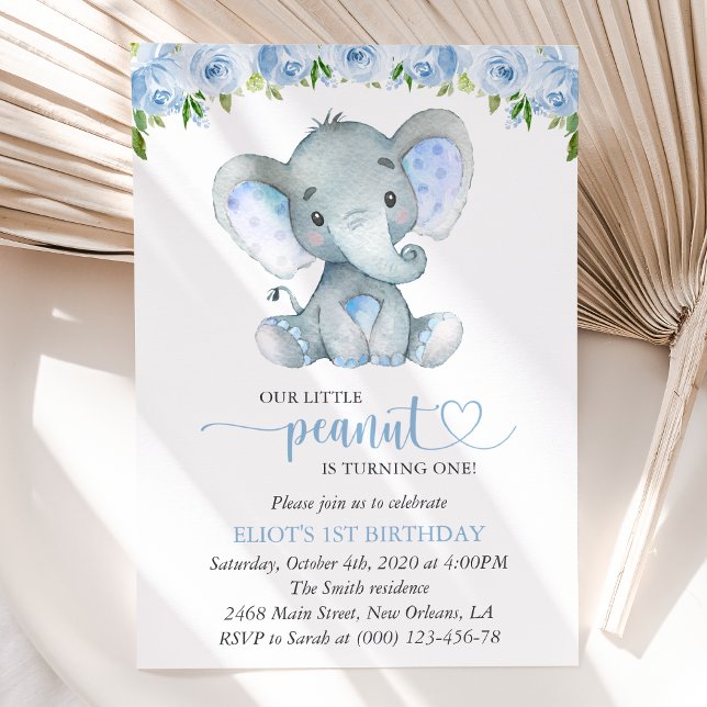 Elephant, Blue Watercolor Flowers, First Birthday Invitation (Creator Uploaded)