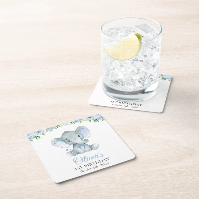Elephant, Blue Watercolor Flowers, First Birthday Square Paper Coaster (Insitu)