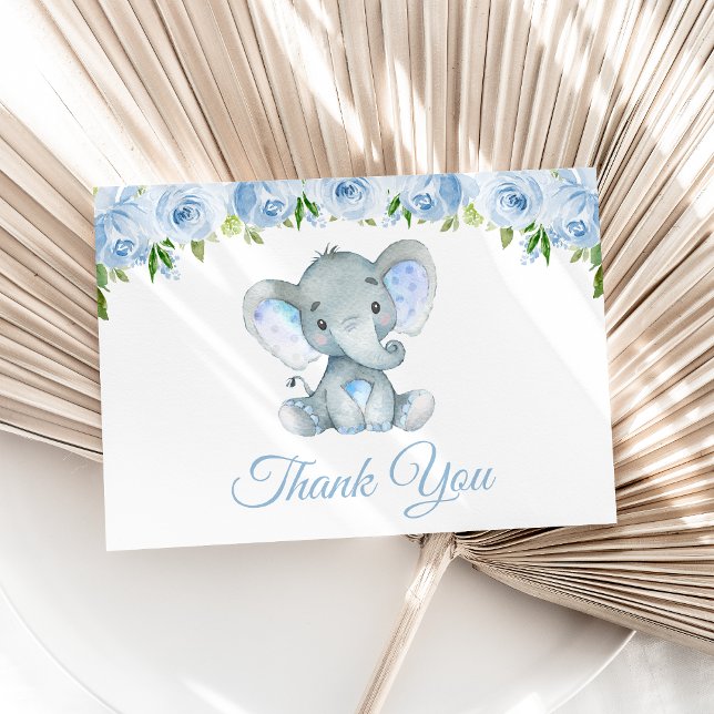 Elephant, Blue Watercolor Flowers, First Birthday Thank You Card (Creator Uploaded)
