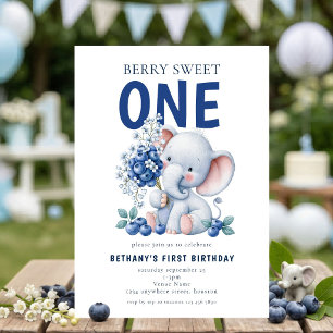 Elephant Blueberry Berry Sweet One 1st Birthday Invitation