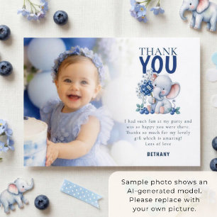 Elephant Blueberry Photo 1st Birthday Thank You  Card