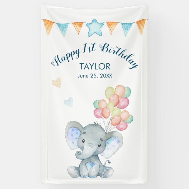 Elephant Blush Blue Star Happy 1st Birthday Banner (Vertical)