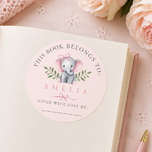 Elephant Blush Pink Baby Bookplate Sticker