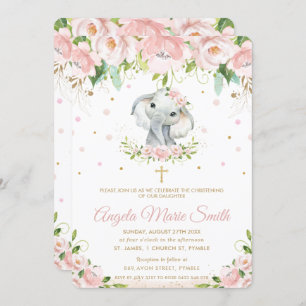 Elephant Blush Pink Floral Baptism Christening Invitation