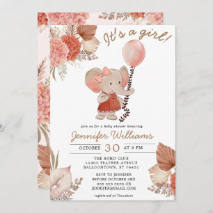 Elephant Boho Floral Baby Shower Girl Invitation
