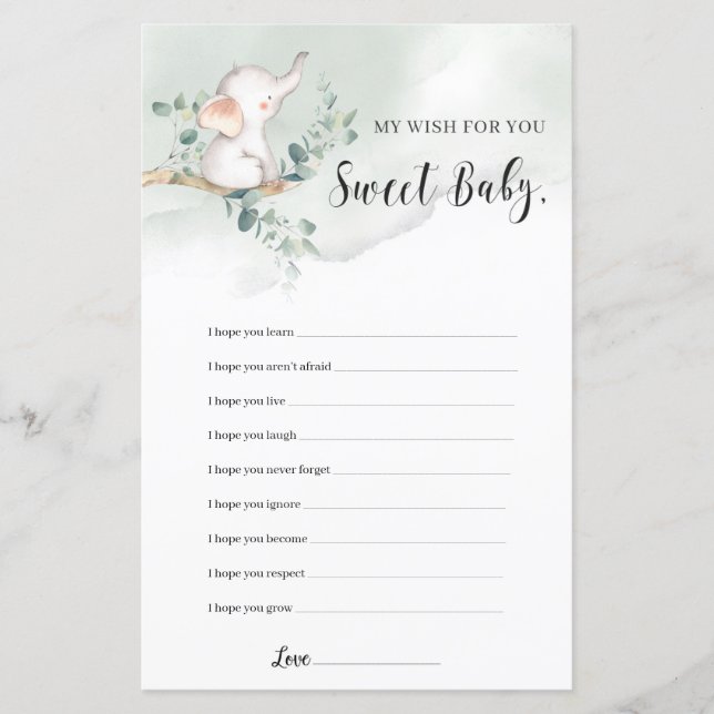 Elephant boho greenery wishes for the baby game (Front)