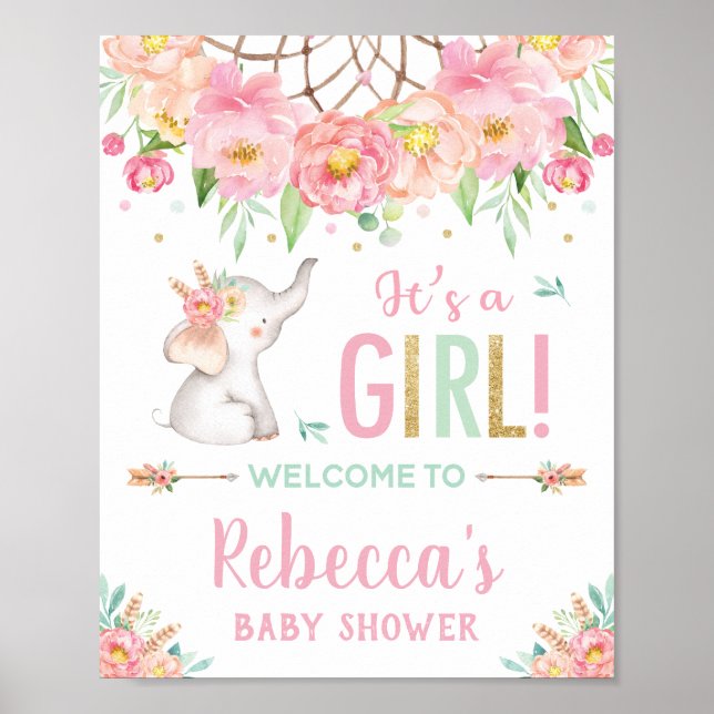 Elephant Boho Pink Floral Baby Shower Girl Welcome Poster (Front)