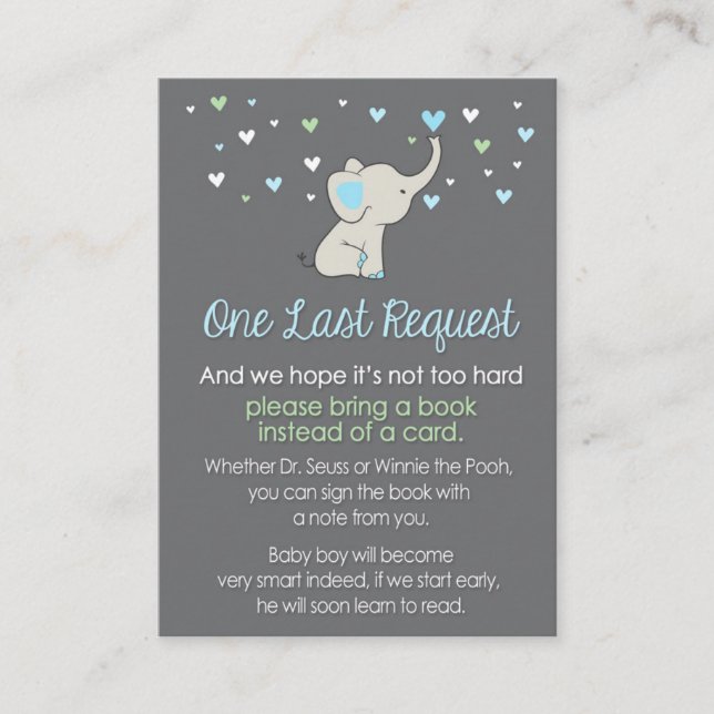 Elephant Book Request Card, Elephant baby shower Enclosure Card (Front)