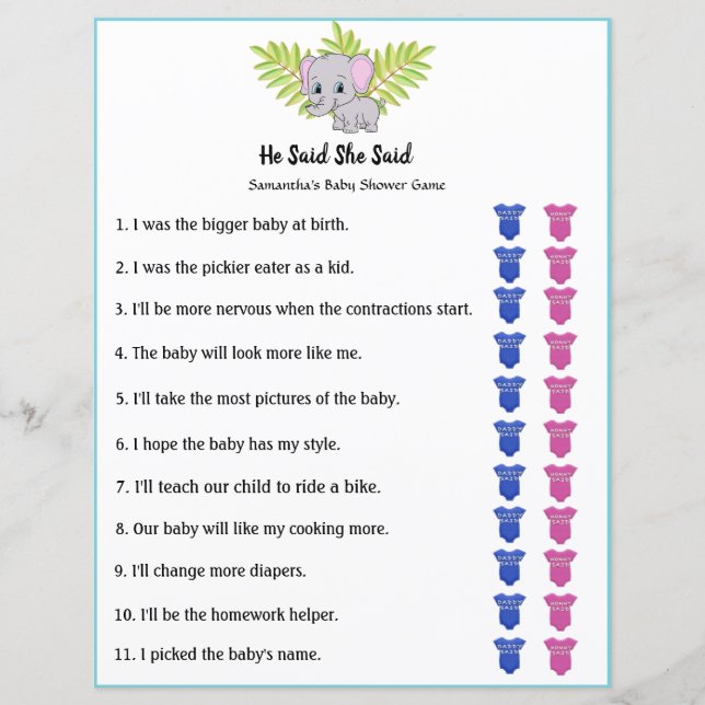 Elephant Boy Baby Shower He Said She Said Game (Front)