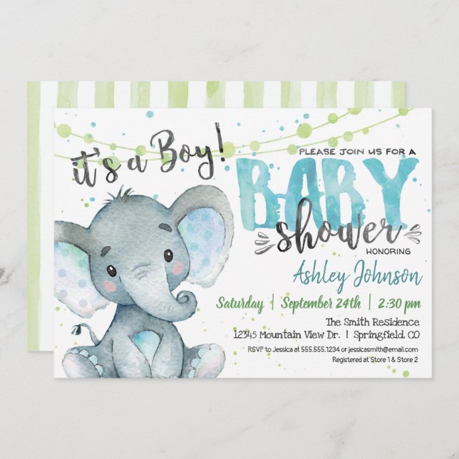 Elephant Boy Baby Shower invitation Blue and Green (Front/Back)