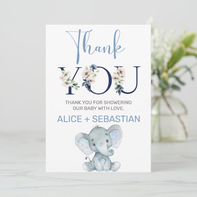 Elephant boy baby shower thank you card. invitation (Standing Front)