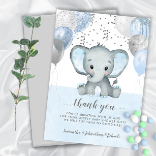 Elephant Boy Balloons Watercolor Baby Shower Thank You Card