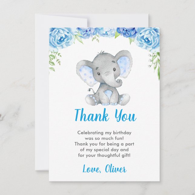 Elephant Boy Blue Birthday Party Little Peanut Thank You Card (Front)