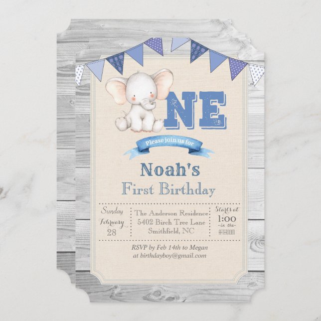 Elephant Boy First 1st Birthday Invitation (Front/Back)