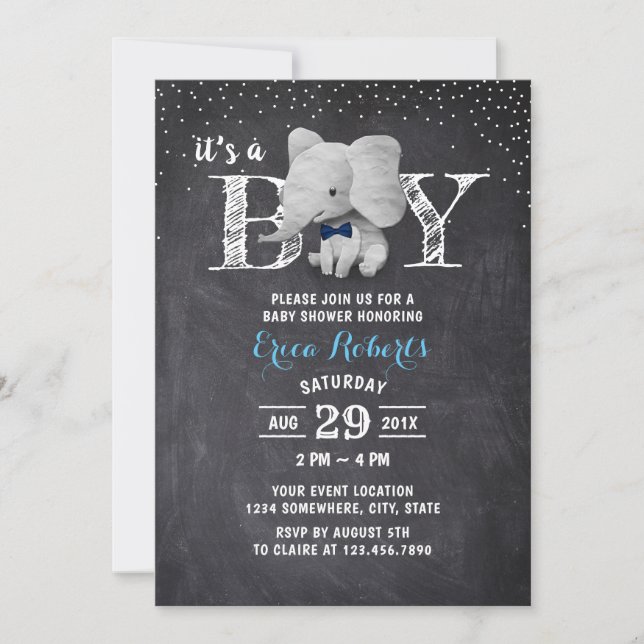 Elephant Boy Rustic Chalkboard Baby Shower Invitation (Front)