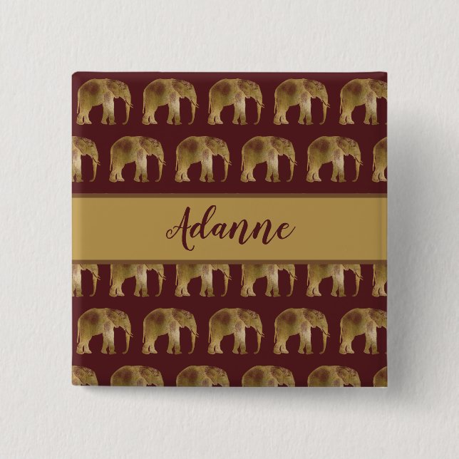 Elephant Burgundy and Gold Pattern 15 Cm Square Badge (Front)