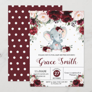 Elephant Burgundy Blush Floral Baby Shower Girl Invitation