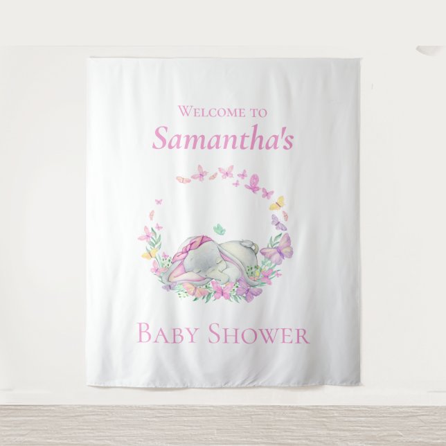  Elephant Butterflies Baby Shower backdrop Tapestry (Front)