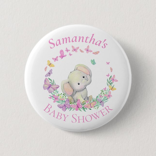 Elephant Butterflies Pink Baby Shower  6 Cm Round Badge (Front)