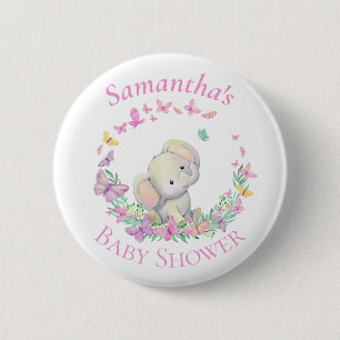 Elephant Butterflies Pink Baby Shower  6 Cm Round Badge