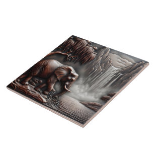 Elephant by Waterfall in Carved Relief Ceramic Tile