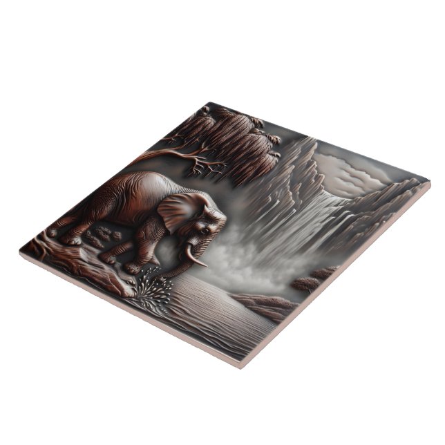 Elephant by Waterfall in Carved Relief Ceramic Tile (Side)