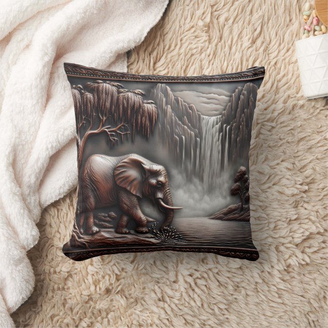 Elephant by Waterfall in Carved Relief Cushion (Blanket)