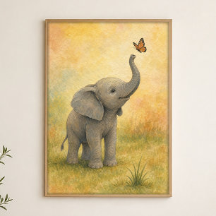 Elephant Calf with Butterfly Watercolour Poster
